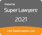 Rated by Super Lawyers 2021 badge, gray and orange with website text at bottom