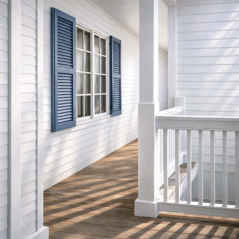 White porch with blue shutters casting shadows on the wooden floor.