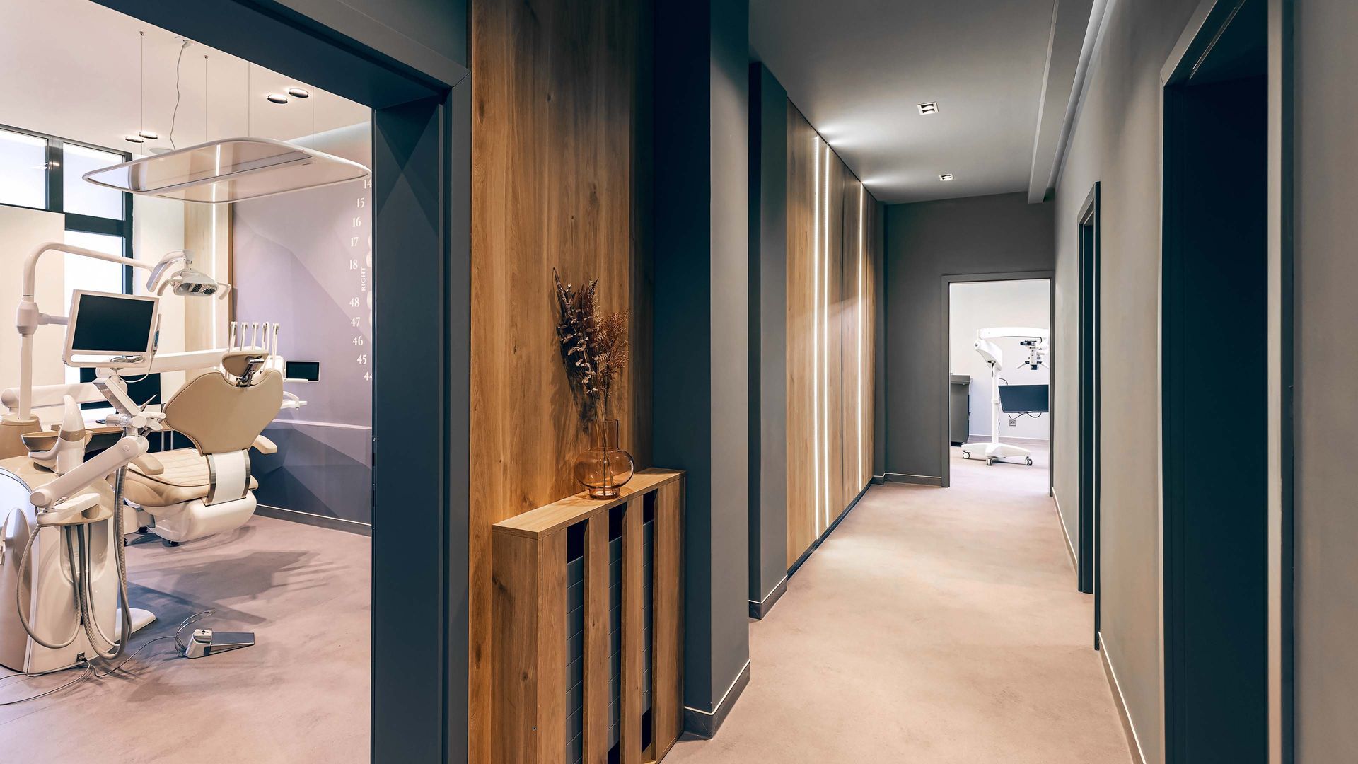 Corridor in a dental office, featuring wood paneling, gray walls, and open doorways to treatment rooms.