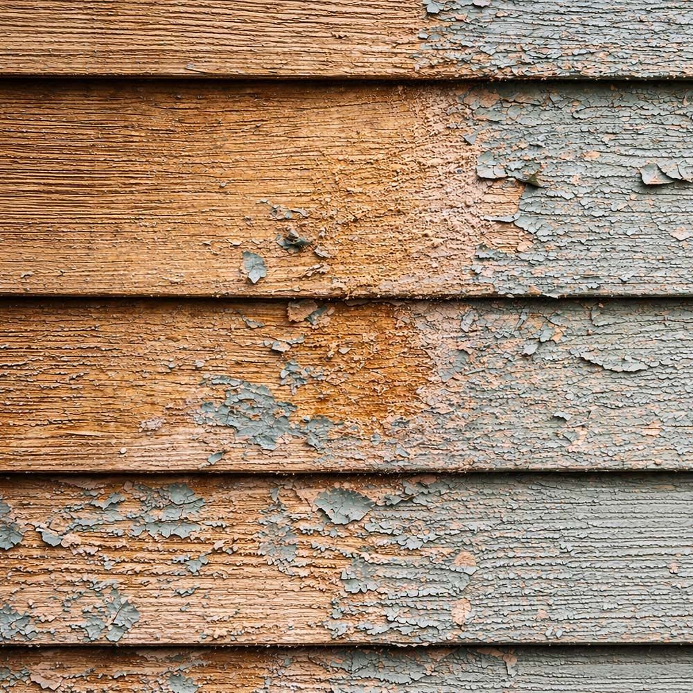 Wood siding with peeling gray paint revealing weathered brown wood.