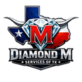Logo for "Diamond M Services of TX" featuring a red letter M on a diamond, set against a Texas map with longhorns.