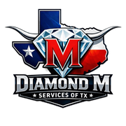 Logo for "Diamond M Services of TX" featuring a red letter M on a diamond, set against a Texas map with longhorns.