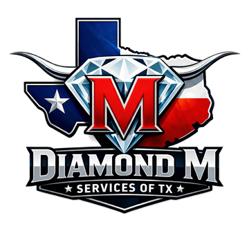 Logo for "Diamond M Services of TX" featuring a red letter M on a diamond, set against a Texas map with longhorns.