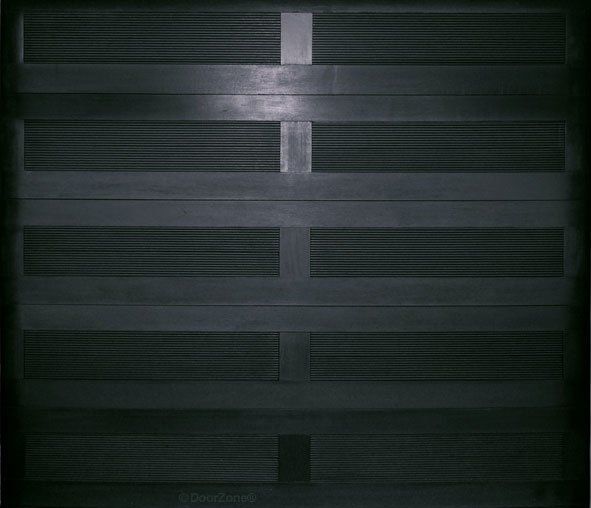 Dark shuttered panel with horizontal slats and a vertical center strip in dim light