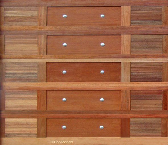 Wooden dresser with multiple drawers and silver knobs, shown front view.