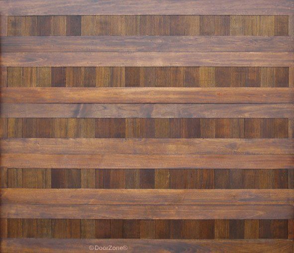 Horizontal wooden slats and textured wood panels in alternating light and dark brown stripes.