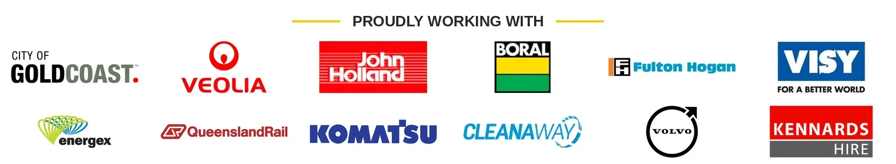 Hydraulink Gold Coast works with City of Gold Coast, Veolia, John Holland, Boral, Fulton Hogan, Visy, Energex, Queensland Rail, Komatsu, Cleanaway, Volvo and Kennards Hire