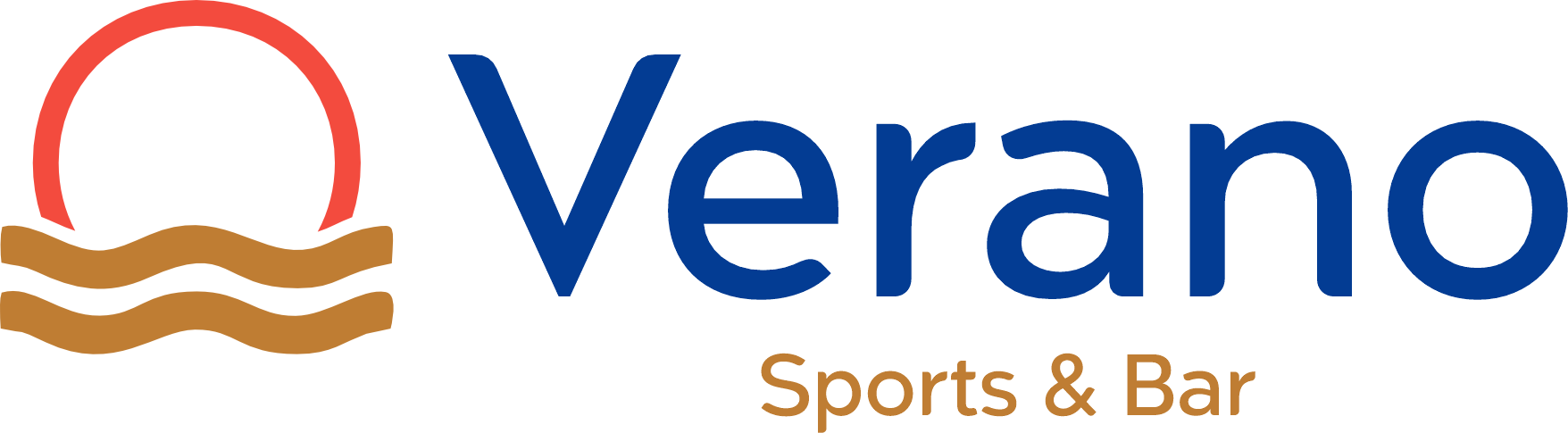 Logotipo do Verano Sports & Bar com texto azul e um ícone de sol ondulado em vermelho e dourado.