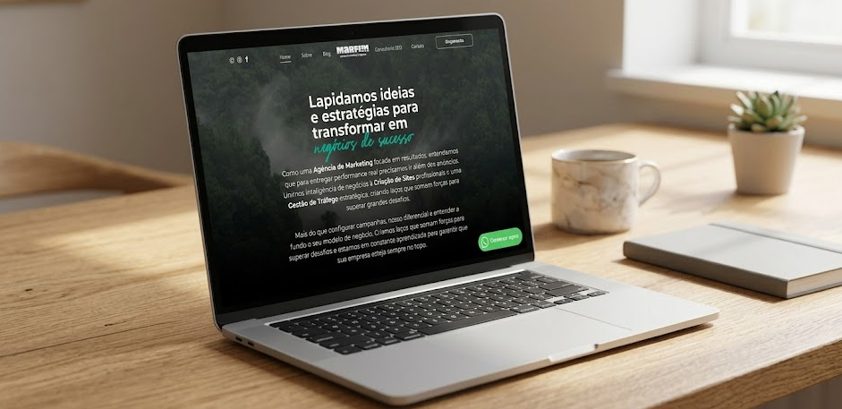 Um laptop está aberto em um site em um fundo verde.