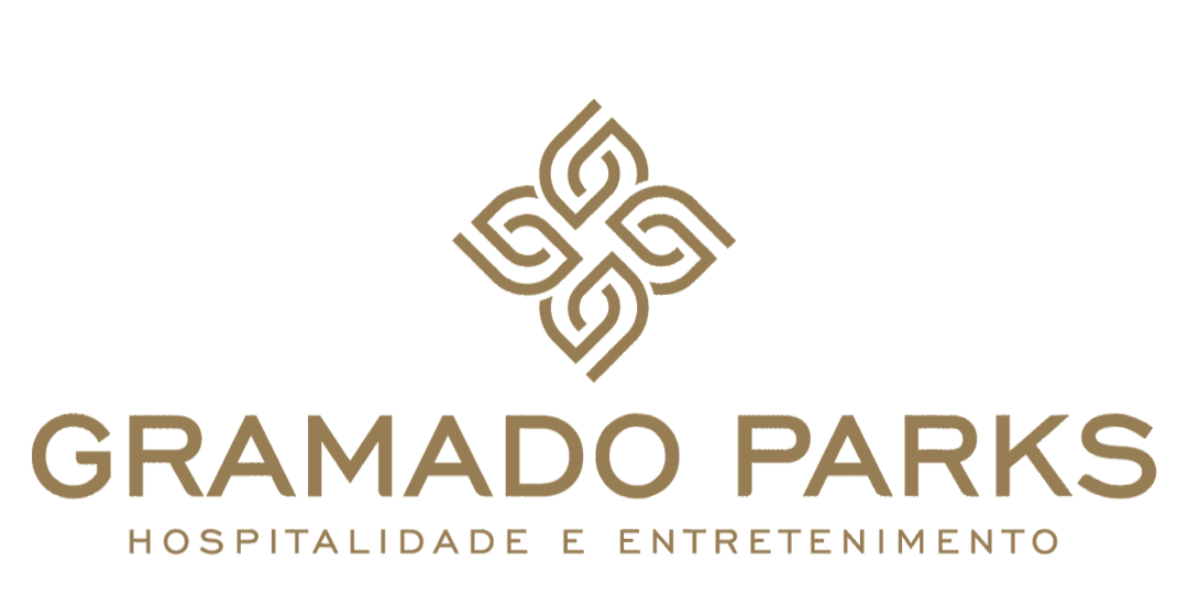 Gramado Parks logo in gold with “Hospitalidade e Entretenimento” on a white background