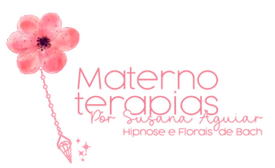 Pink floral logo with “Materno terapias,” “por Jaana Aguiar,” and “Hipnose e Florais de Bach” text