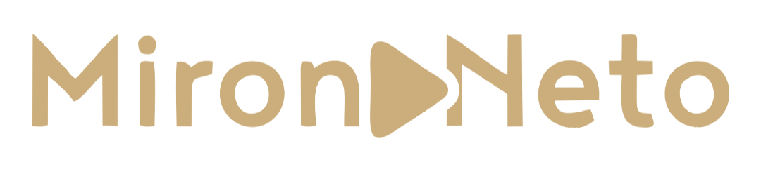 Logotipo da MironNeto em texto dourado com um ícone de botão de reprodução entre as palavras.