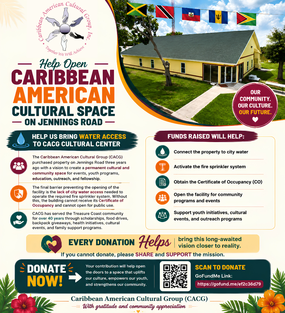 Caribbean American Cultural Space Open House flyer with yellow building, flags, donation details, and QR code