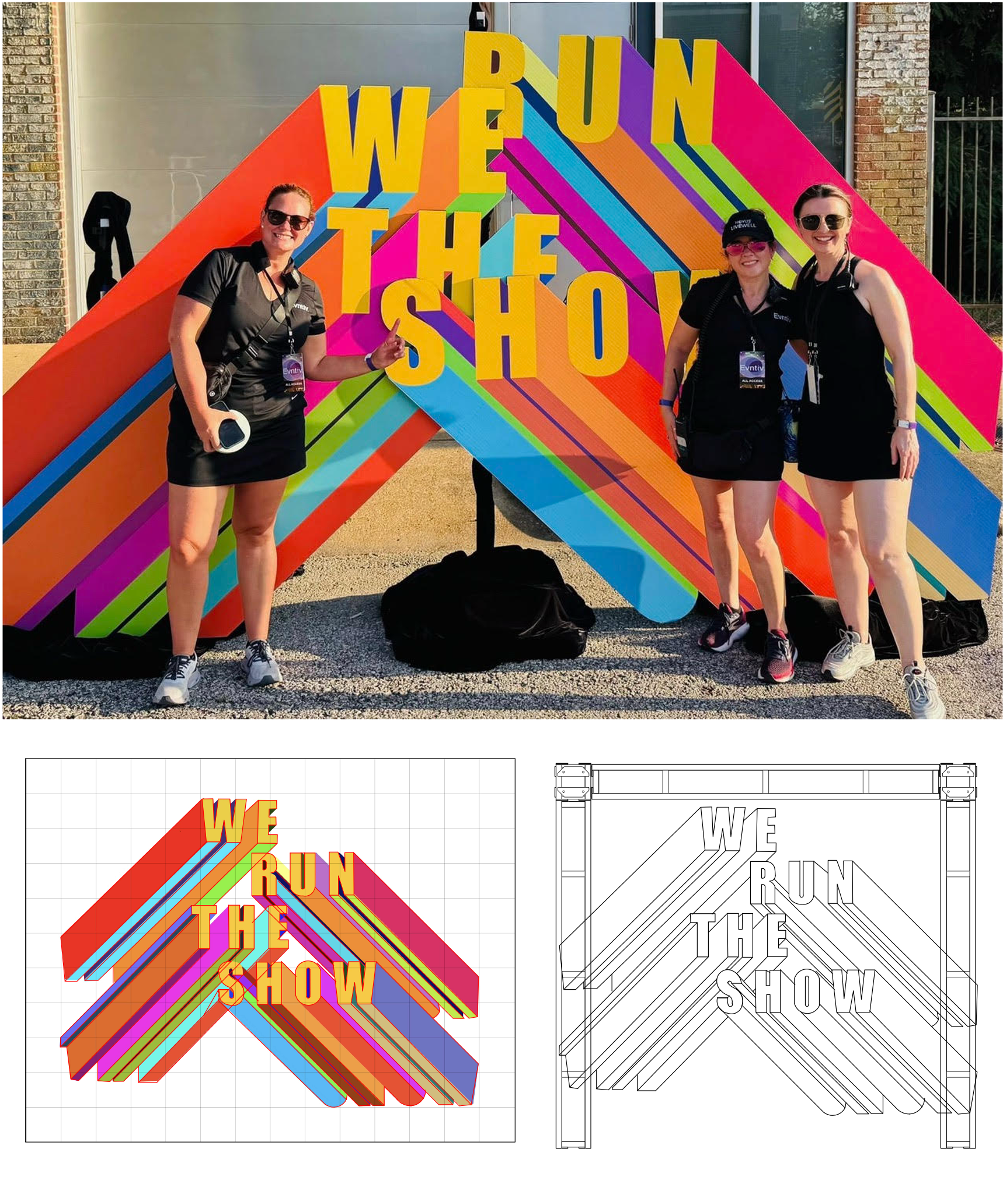 Three women pose with a colorful 