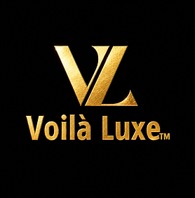 Gold Voilà Luxe logo on black background
