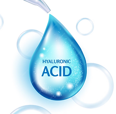 Blue water droplet labeled “Hyaluronic Acid” with soft bubble background