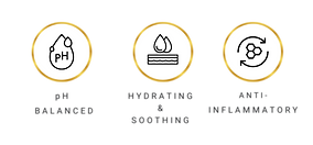 Three icons labeled pH balanced, hydrating & soothing, and anti-inflammatory on a white background