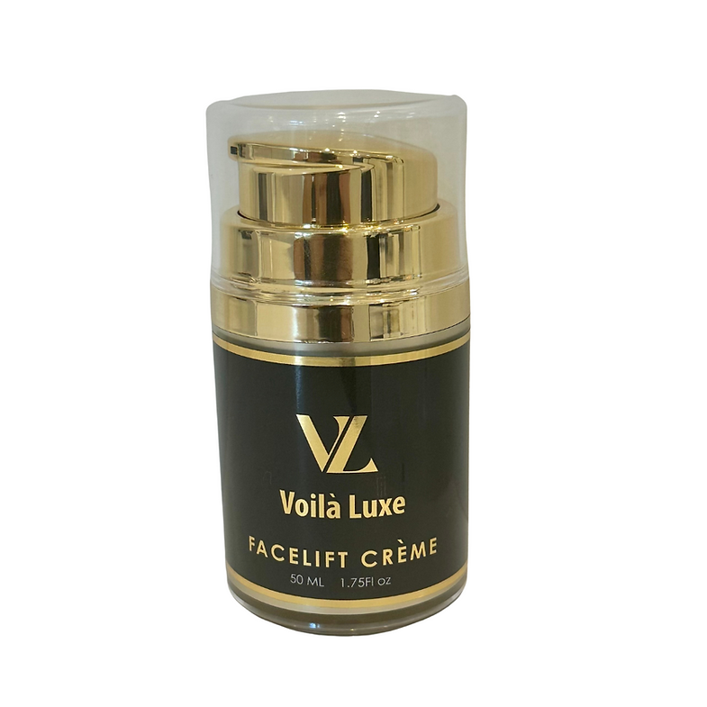 Gold and black Voilà Luxe Facelift Crème jar with a clear cap on a white background