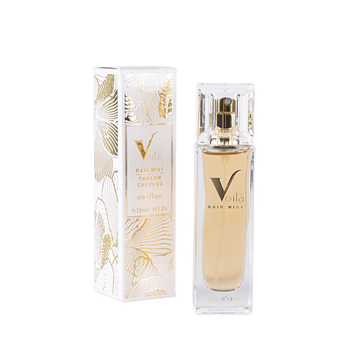 Luxury perfume bottle and matching white-and-gold box on a white background