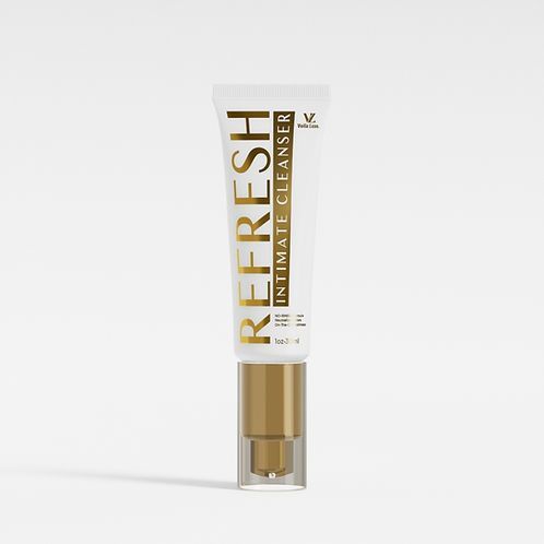 White and gold REFRESH Intimate Cleanser tube standing upright on a plain background