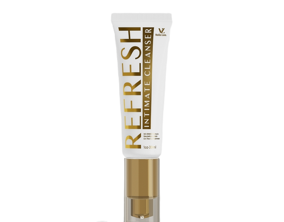 Gold and white REFRESH intimate cleanser tube on a clear cap, centered on a white background