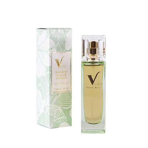 Fragrance bottle and matching mint-green patterned box with gold accents
