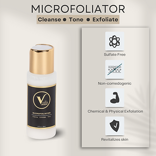 Microfoliator skincare bottle with cleanse, tone, exfoliate claims and feature icons on a beige background