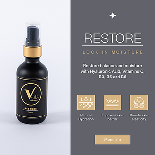 Black hair serum bottle labeled “Restore” with text about moisture, hydration, and elasticity on a gray ad background
