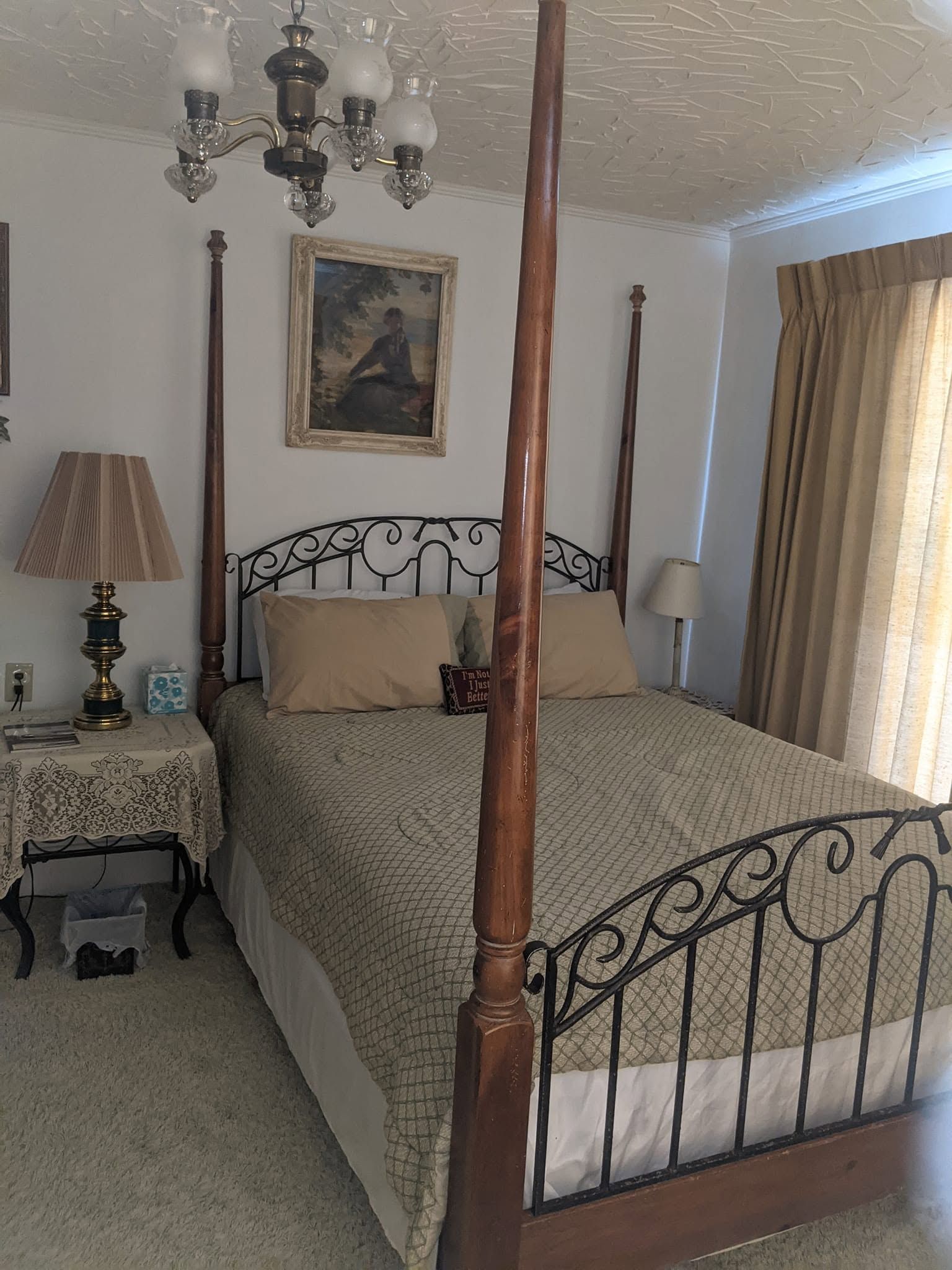 Cozy bedroom with wrought-iron bed, beige walls, chandelier, bedside tables, and sliding glass doors with curtains