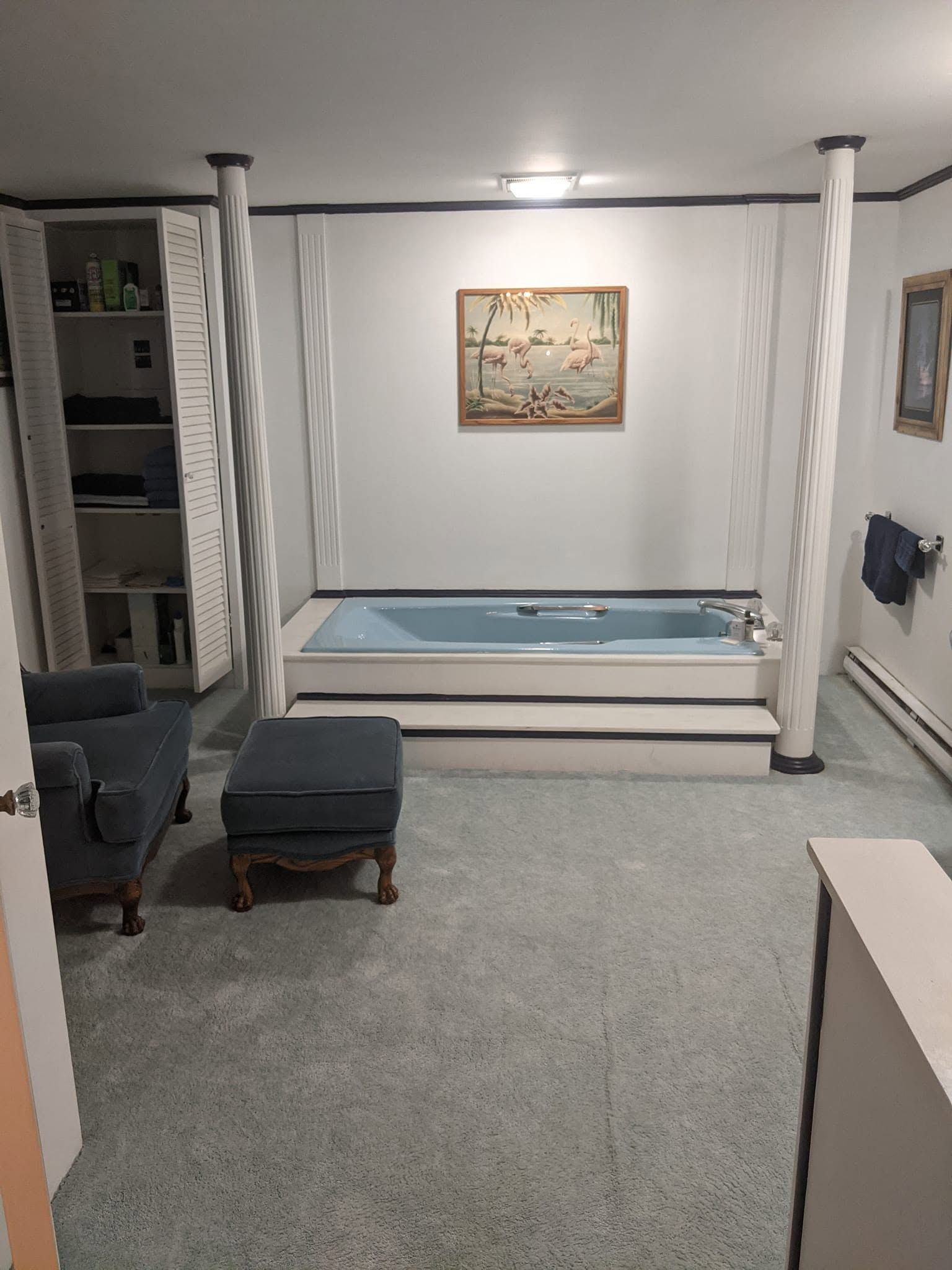 Basement bedroom with a four-poster bed, gray carpet, white columns, and a chair near shelves.