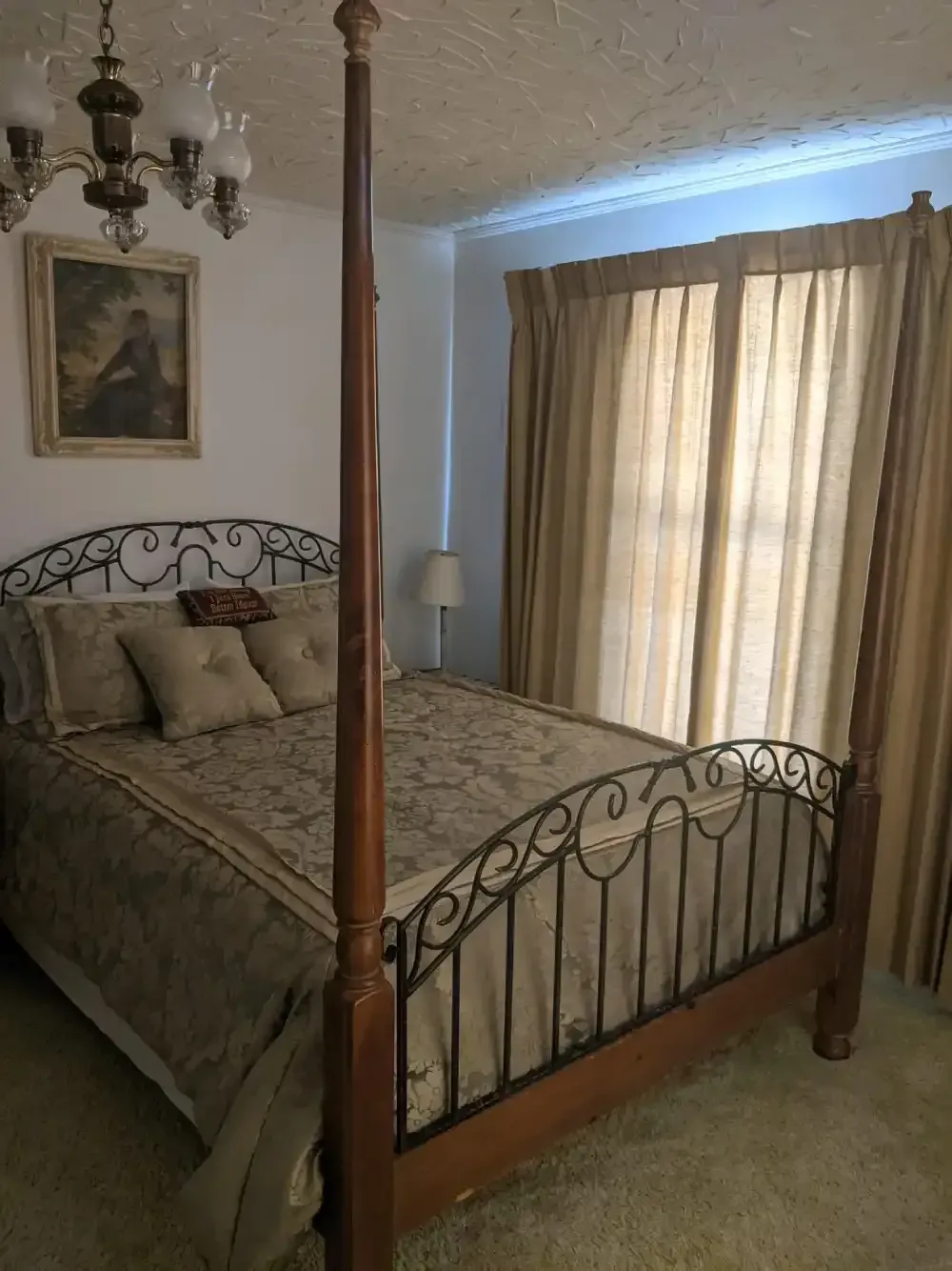 Four-poster bed with wrought-iron frame in a carpeted bedroom beside a curtained window
