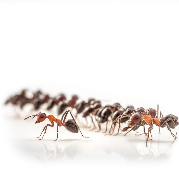 Loopbaancoaching Een rij mieren die in een rij op een wit oppervlak lopen.