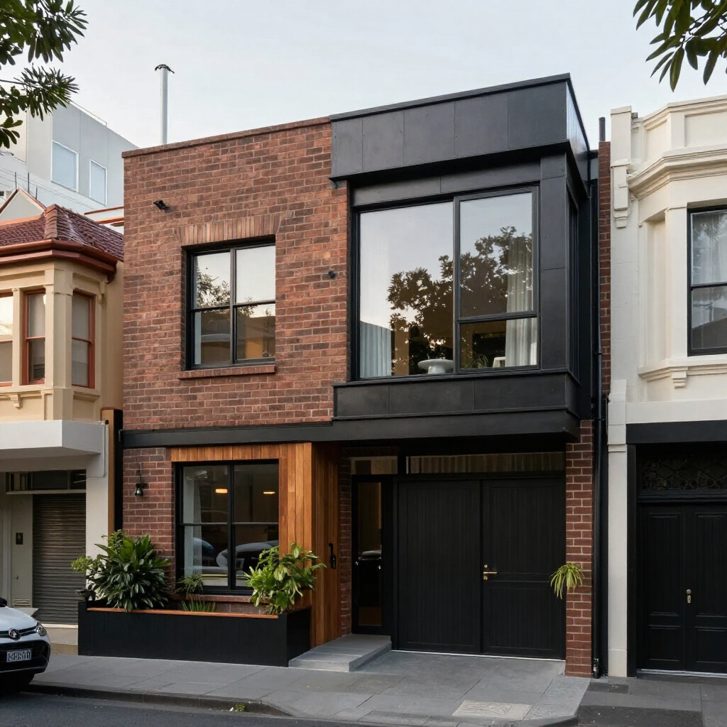 Modern two-story brick townhouse with black trim and large windows on a quiet residential street