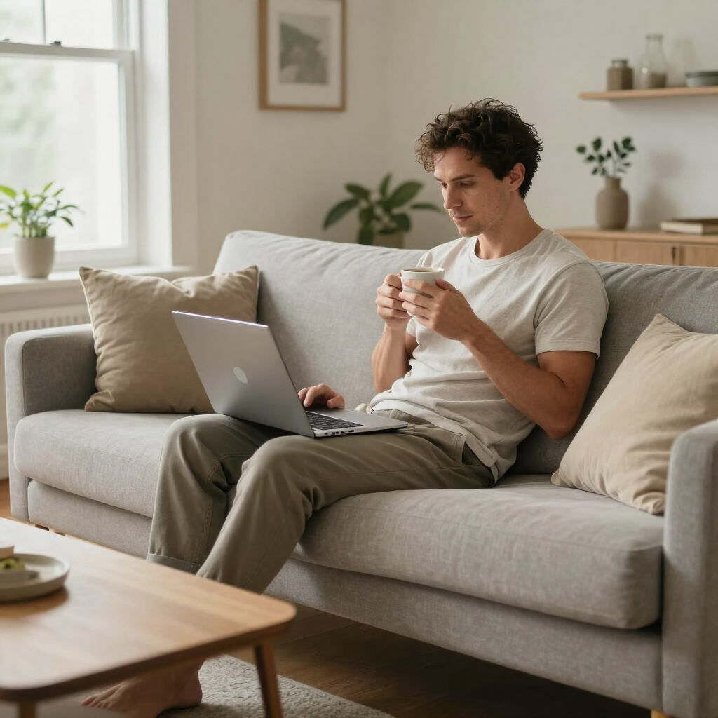 Person on a beige sofa using a laptop and holding a mug in a bright living room