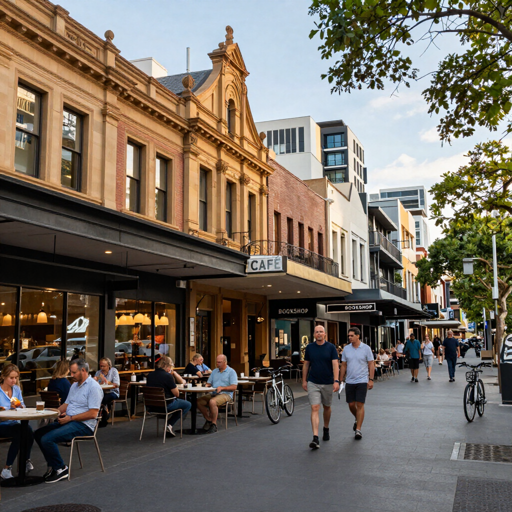 Pedestrian street with outdoor cafes, historic buildings, and people walking and dining at dusk