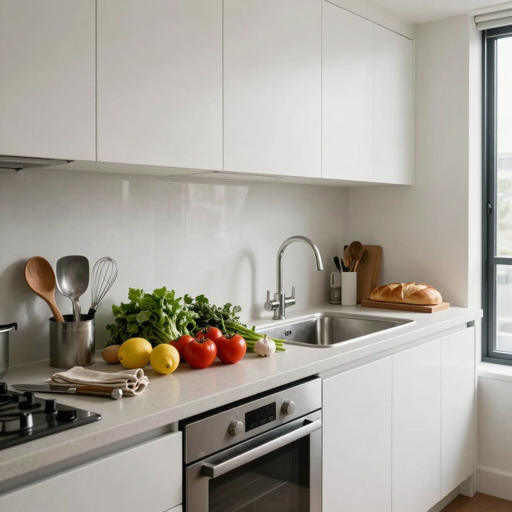 Modern white kitchen with countertop produce, sink, stove, oven, and bread by a window