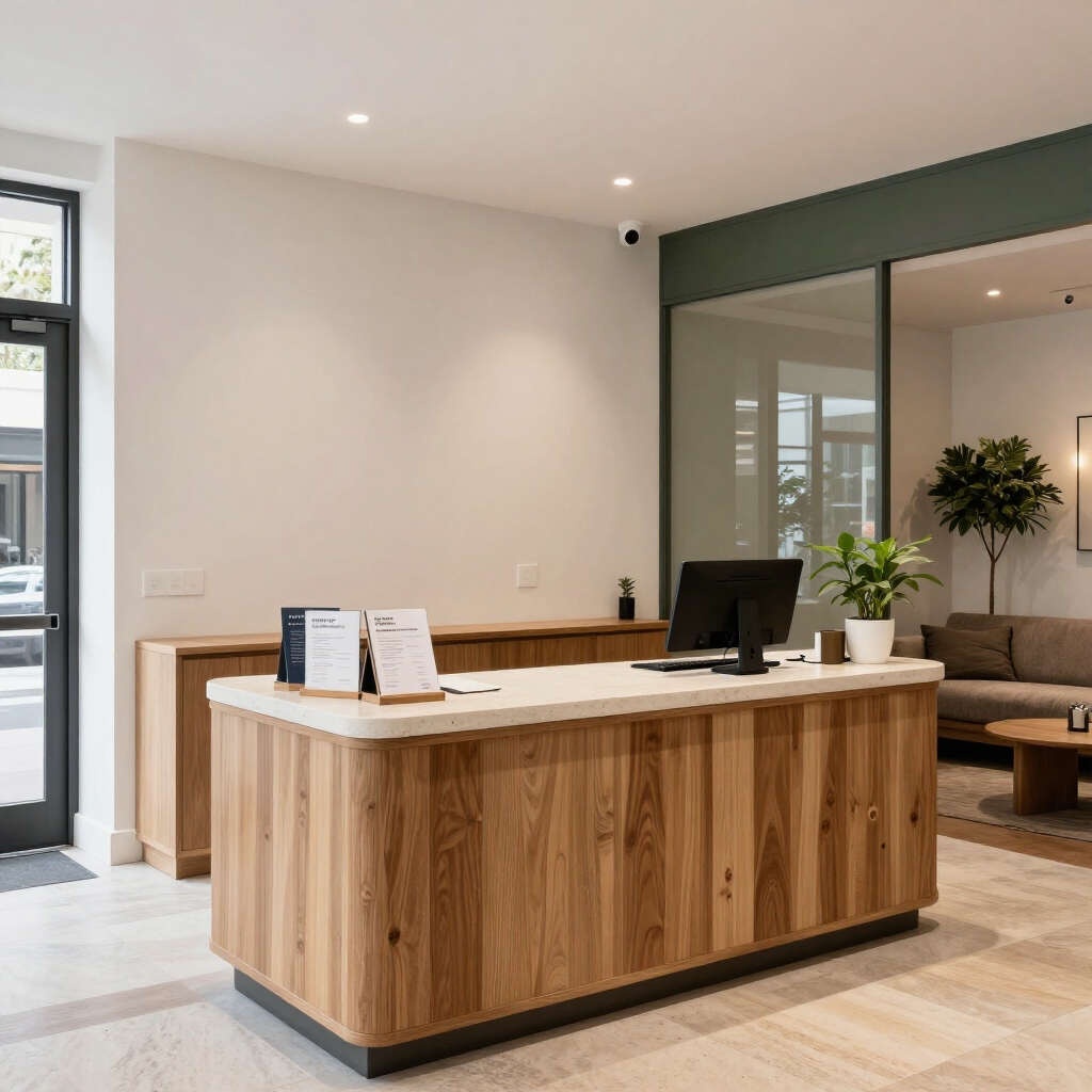 Modern reception desk with wood paneling and white countertop in a bright office lobby