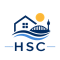 Blue house and bridge logo with sun and HSC text on white background