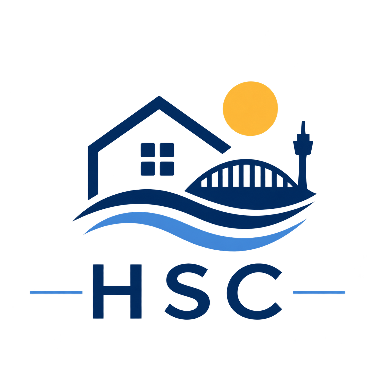 Blue house and bridge logo with sun and HSC text on white background