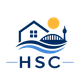 Blue house and bridge logo with sun and HSC text on white background