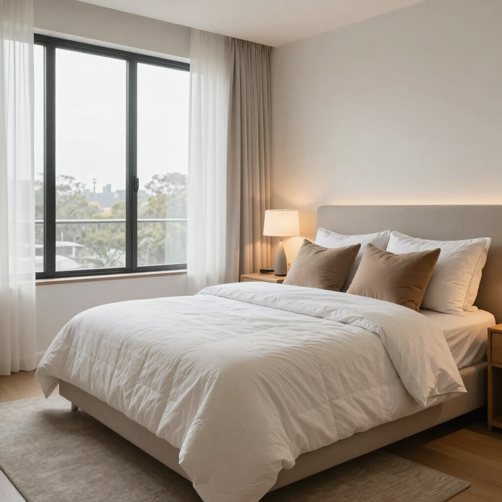 Bright bedroom with a neatly made bed, large window, and soft neutral decor