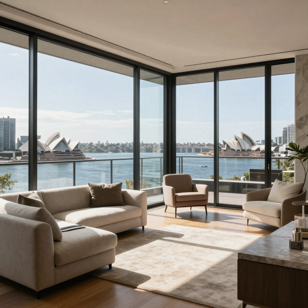Modern living room with beige sofas and chairs overlooking Sydney Opera House and harbor through large windows
