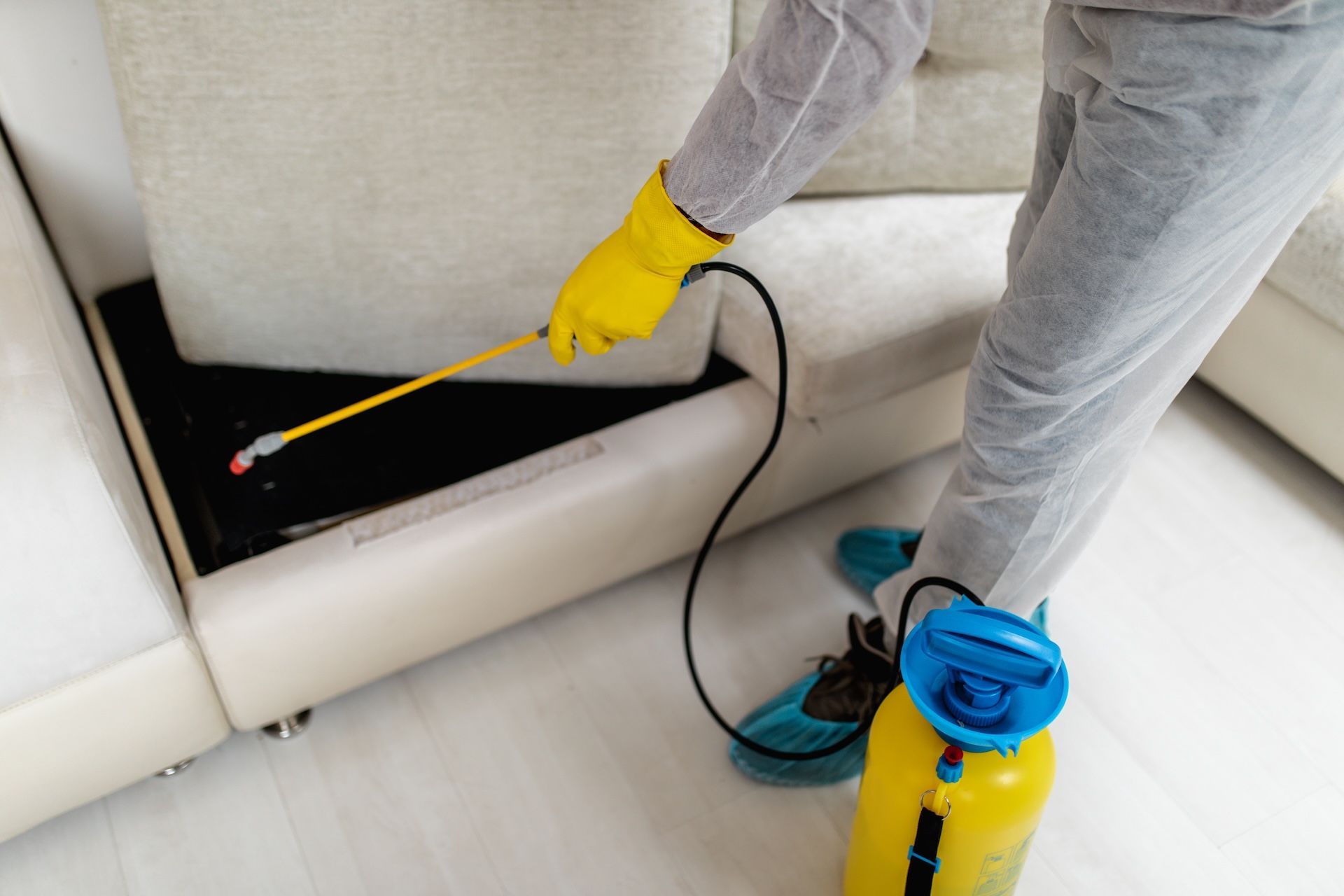 Person in protective gear spraying insecticide near a white couch — Bad Bugs Pest Control in Gracemere, QLD