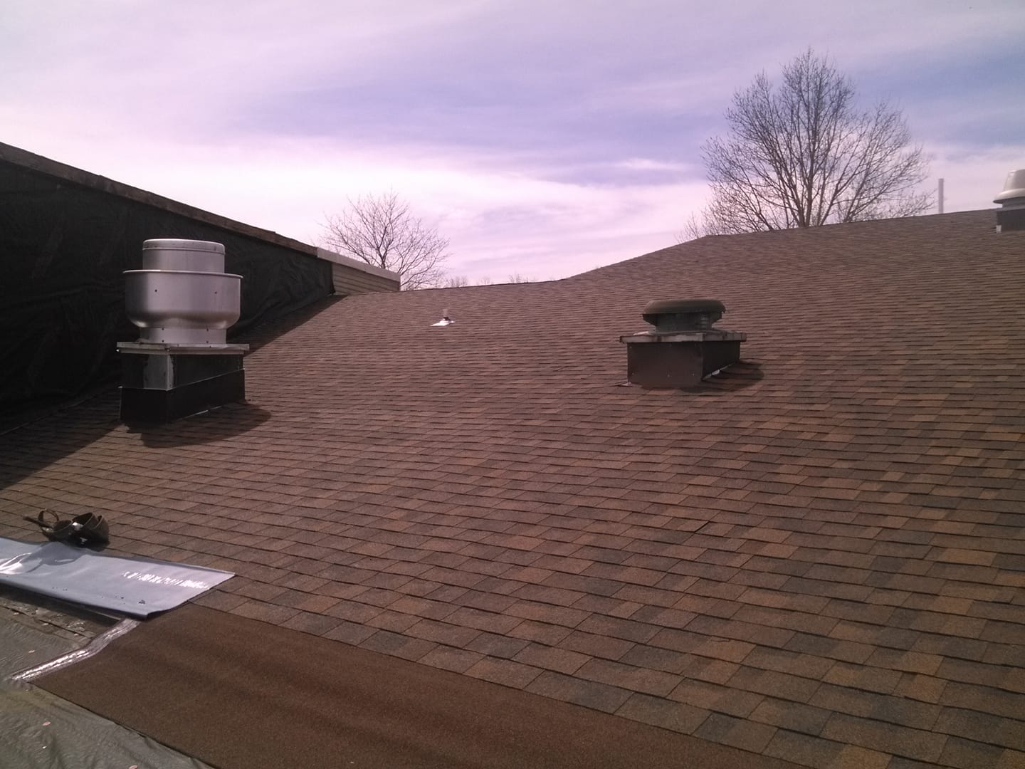 Roof with brown shingles, vent pipes, and a purple dusk sky over a sloped rooftop.