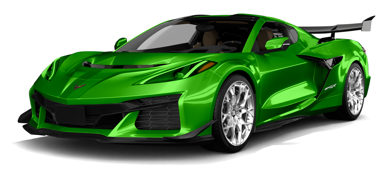 Green sports car with a large rear wing, shown in a front three-quarter view on a white background