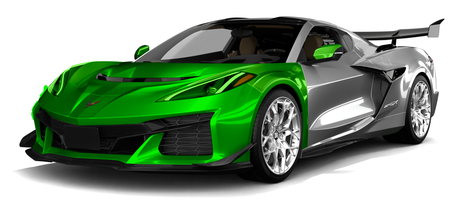 Green and silver sports car on a white background, front three-quarter view