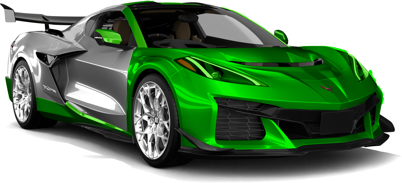 Bright green and black sports car with a rear spoiler on a white background
