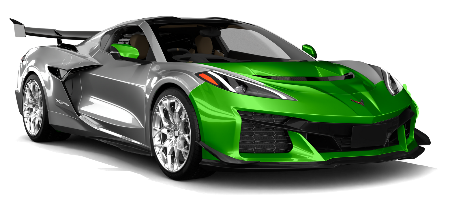 Green and silver sports car on a white background, angled front view with a rear spoiler