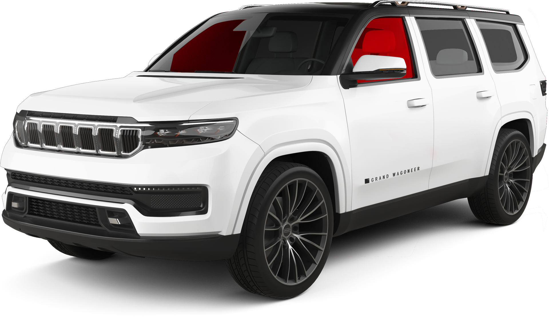 White luxury SUV with black wheels and red-tinted windows on a white background