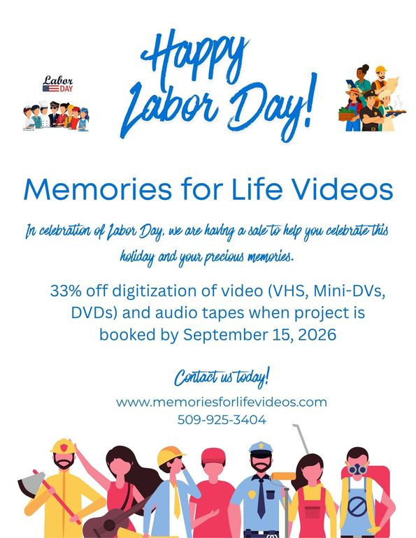 Happy Labor Day flyer for Memories for Life Videos, with discounts and colorful workers illustration